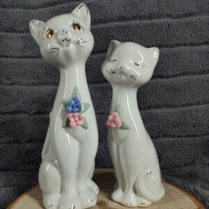 Vintage White Porcelain Long Neck Cat Couple Figurine Lot (2) 7 3/4 & 6.5 in